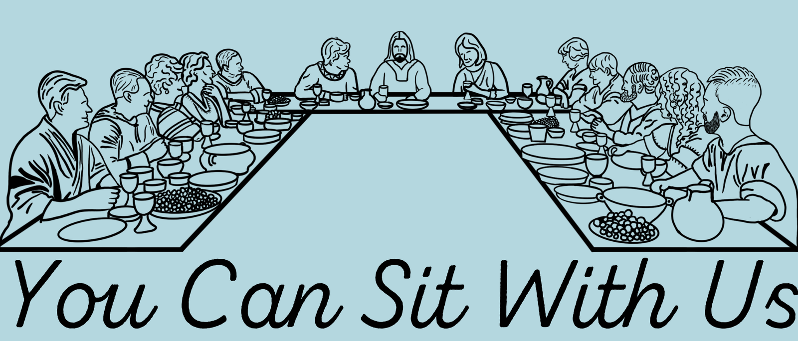 Sketch of the last supper table with modern people eating with Jesus with an open seat at the table for all to join.